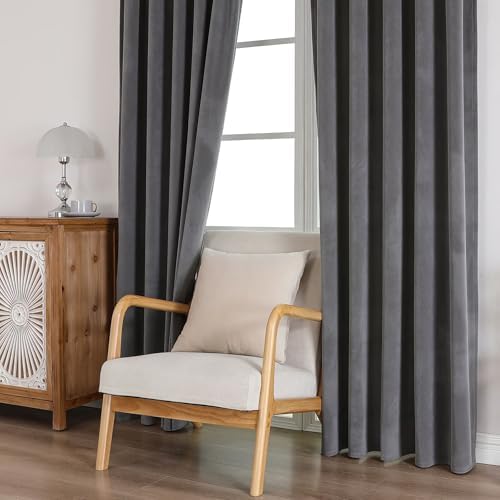 CUCRAF Grey Velvet Blackout Curtains 108 inches Long, Thermal