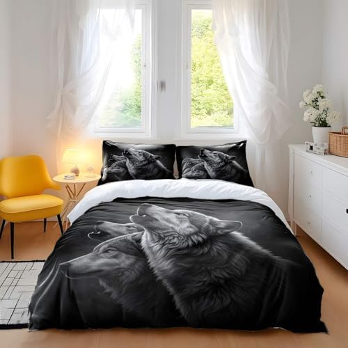 Wolf Animal Sketch Duvet Cover Bedding Sets, Black White Wildlife