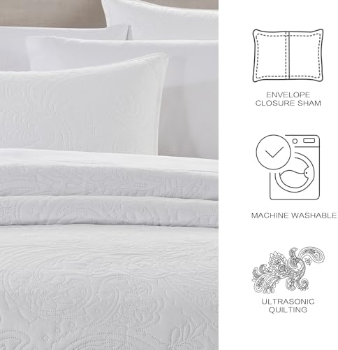 BOURINA Ultrasonic White Queen Quilt Set 3-Piece Soft Bedding Set