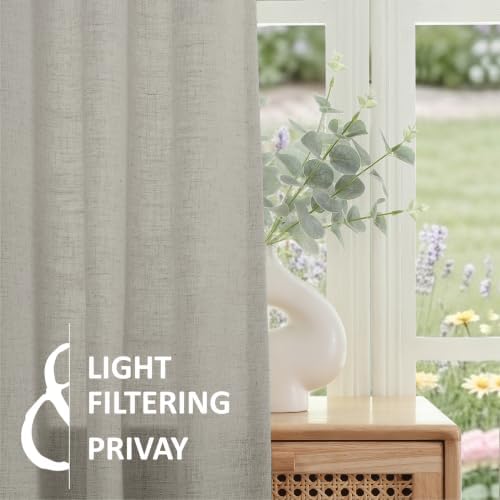 Pinch Pleated Semi Sheer Linen Curtains 108 Inches Long, Light Grey