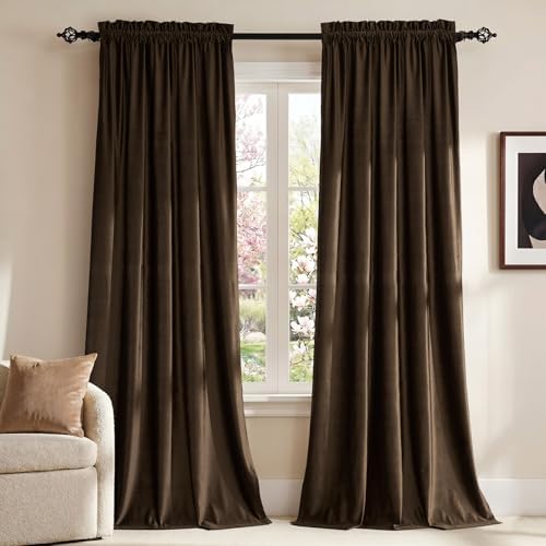 PRIMROSE Brown Velvet Room Darkening Curtains 120 inches Long for