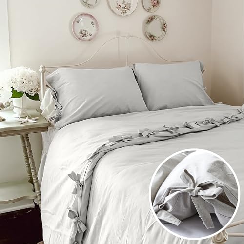 BISELINA 100% Washed Cotton Duvet Cover Set 2pcs with Bowknot Ties