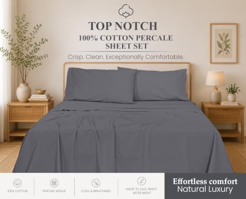 ZOYER 100% Cotton Percale King Sheets, Percale Weave, Smoked Pearl