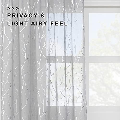 FINECITY Grey Sheer Curtains with Silver Branch W52 x L63 Inch, 2