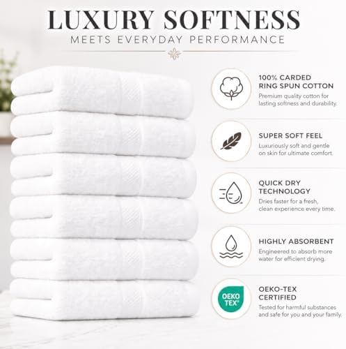White Hand Towel Pack of 6, 28x16 Inches | 100% Ringspun Cotton