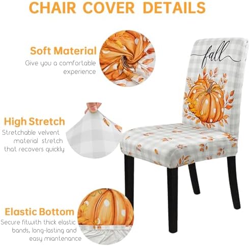 Fall Chair Covers Set of 6 Neutral Gingham Pumpkin Parsons Chair