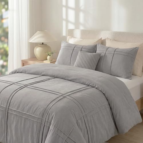 100% Cotton Beige Grey Queen Size Duvet Cover Set - 3 Pieces Pintuck