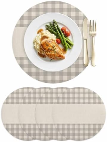 Round Placemat Set of 4 Gray Buffalo Check on Retro Linen Faux Leather