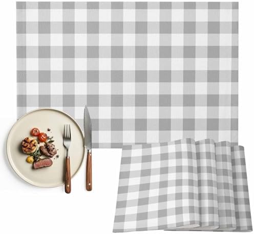 Placemats Set of 8, Grey Plaid Cotton Linen Place Mats, Gradient