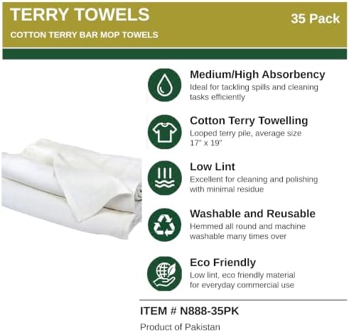 35 Pack White Cotton Terry Bar Mop Towels 16 x 19-100% Cotton, Hemmed