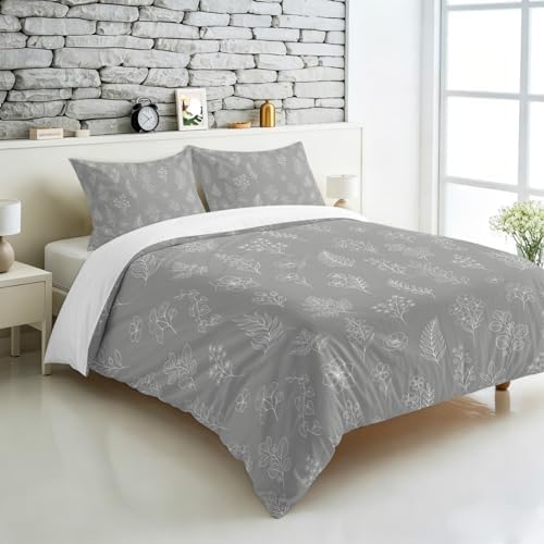 3 Pieces Bedding Set King Size, Grey Botanical Soft Duvet Covers Set