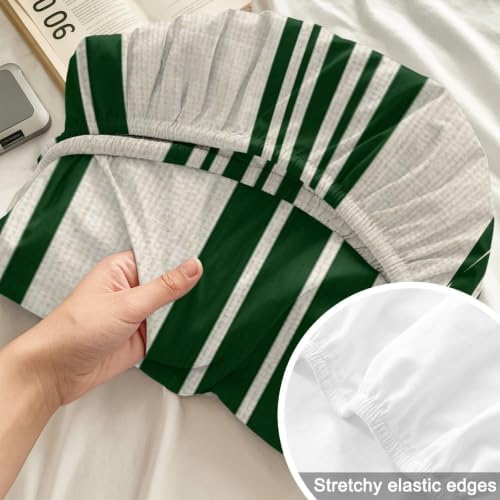 Queen Fitted Sheet Deep Pocket, Forest Green and Beige Stripe Soft