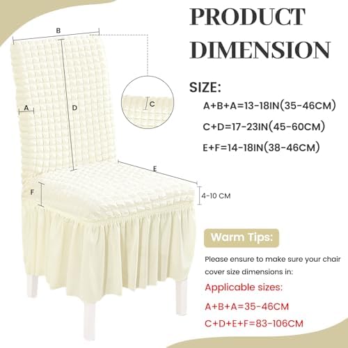 6 Pack Stretch Elastic Dining Chair Covers with Skirt, Washable, Ivory