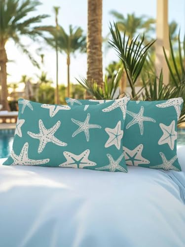Throw Pillows 12x20 Set of 2, Turquoise Starfish Coastal Waterproof