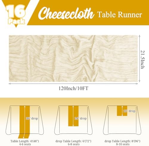 16 Pack Ivory Table Runner 10FT Cheesecloth Table Runner Boho Gauze