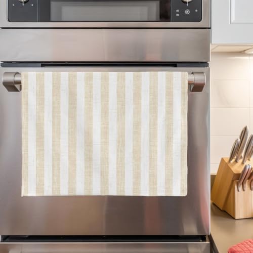 Beige Striped Kitchen Towels Set of 3, Ultra Absorbent Dish Towels