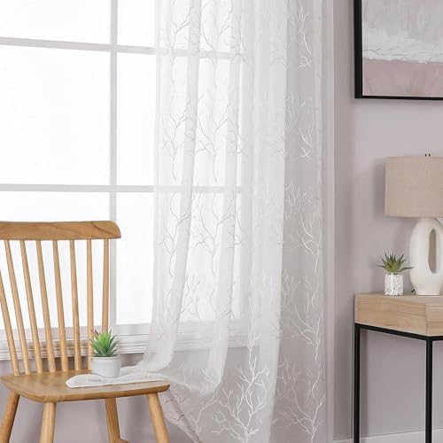 VISIONTEX White Sheer Curtains Beige Coral Branch Embroidered