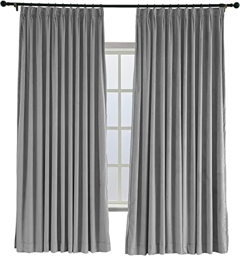 TWOPAGES 120W x 96L Pinch Pleat Room Darkening Velvet Curtain, Grey