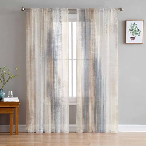 Beige Gray Sheer Curtains 63 Inches Length 2 Panels Set, Window Sheer
