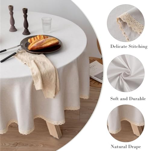 Linen Round Tablecloth with Lace Trim Waterproof Stain Resistant
