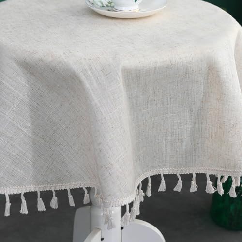 Round Table Cloths 70 inch, Linen Look with Tassels Farmhouse