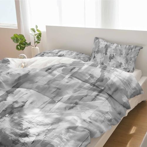Duvet Cover Set Queen, Abstract Gray White Faded Impressionism 3 Piece