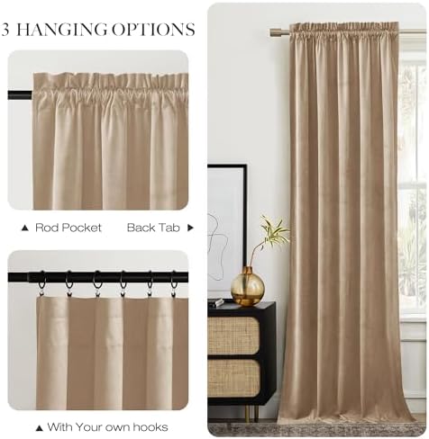 NICETOWN Thick Beige Velvet Drapes 108 inch Long Rod Pocket Curtains