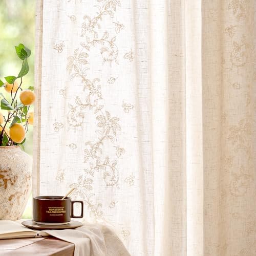 jinchan Floral Linen Curtains, Back Tab 50x63 Inch, 2 Panels Ivory
