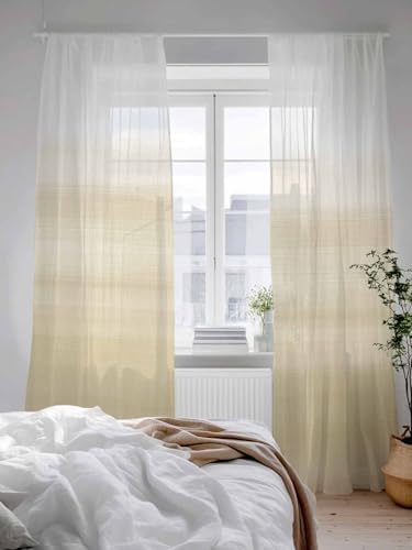 Beige and White Sheer Curtains 108 Inches Long 2 Panels Set Abstract