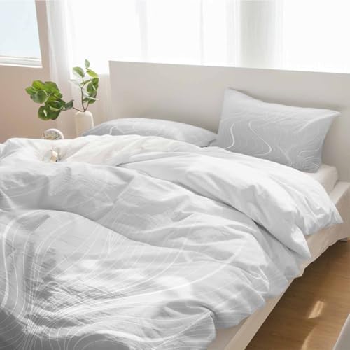 Duvet Cover Set Queen, Gray Ripple White Geometric Stripes 3 Piece