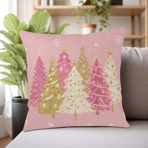 Pink Christmas Tree Pillow Covers 20x20 Set of 2 Xmas Pillow Cases