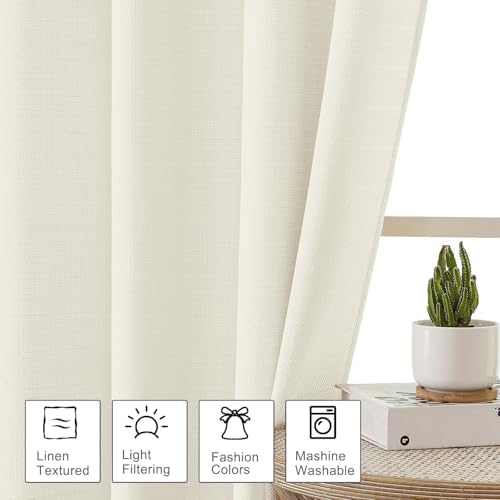 OWENIE Bob Ivory Linen Curtains 63 Inch Length 2 Panels Set for Living