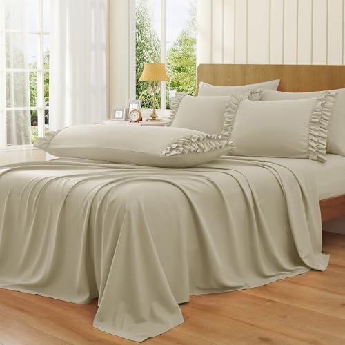 RUDONG M Ruffled Pillow Cases Set of 2, King, 20x36 Inches, Beige