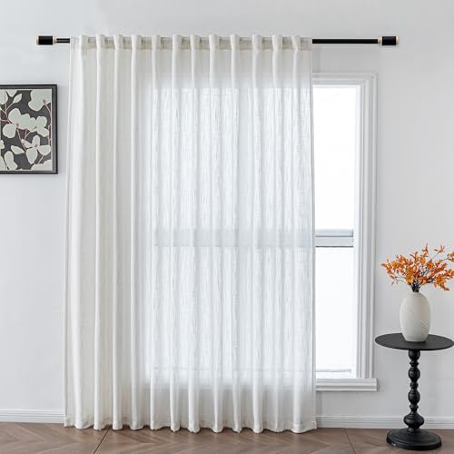 MYSKY HOME Natural Linen White Curtains 84 Inches Long, Semi Sheer