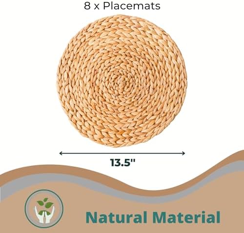 Round Woven Placemats Set of 8, Wicker Placemats, Natural Water