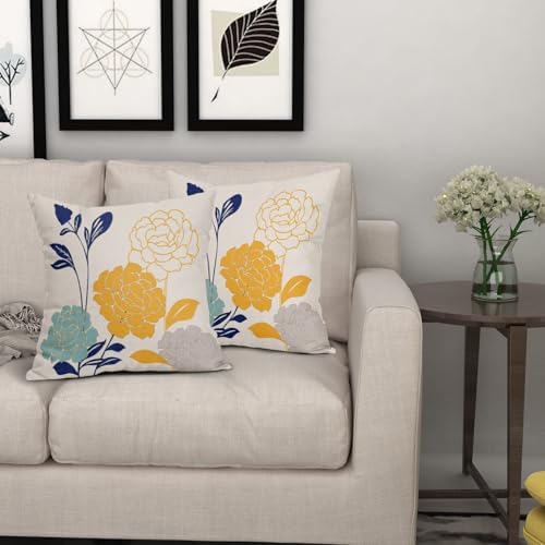 Flowers Outdoor Pillow Covers 22x22 Set of 2, Teal Grey Mustard Yellow