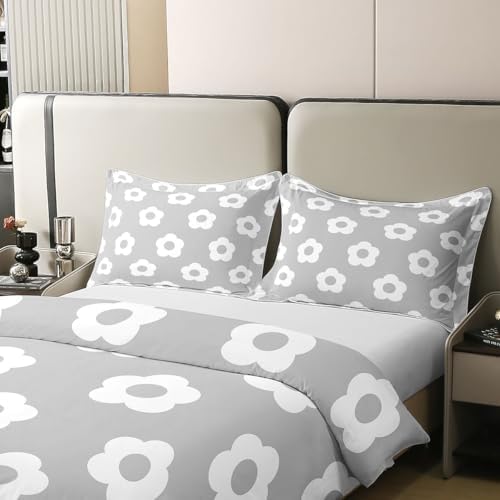 jejeloiu Grey Floral Duvet Cover 100% Cotton Queen Size Princess