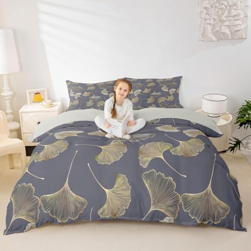 Ginkgo Leaf Duvet Cover Set King Size,Rustic Leaves Autumn Plant