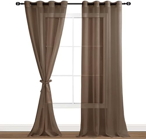 Hiasan Grommet Sheer Curtains with Tiebacks, Brown, W52 x L96, 2