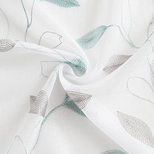 Bujasso Embroidered Leaf Sheer Curtains, Gray Teal 38" Wx63 Lx2