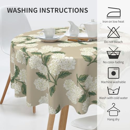 Beige Floral Round Tablecloth 70 Inch Khaki Green Hydrangea Flower