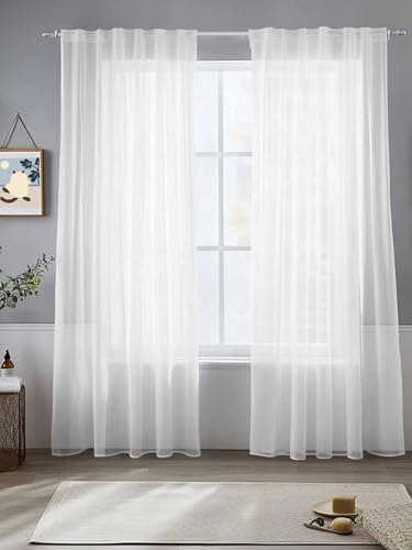 Pure White Sheer Curtains 108 Inches Long 2 Panels, Semi Sheer Rod