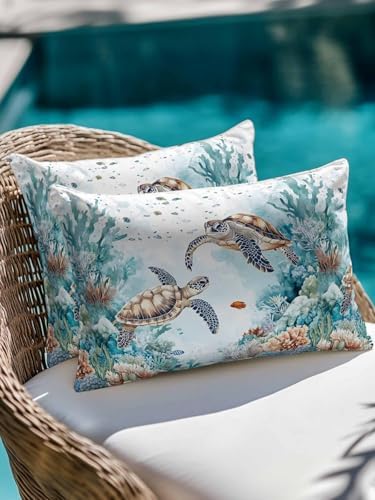 12x20 Outdoor Pillows Set of 2, Teal Coastal Turtle Waterproof Throw