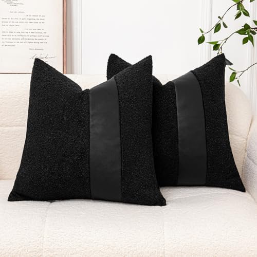 18x18 Black Boucle Throw Pillow Covers with Leather Accent, 2 PC