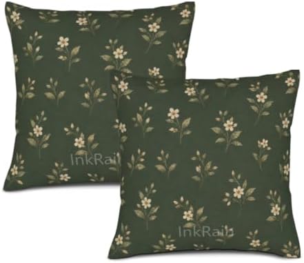 InkRain Dark Forest Green Small White Cream Ditsy Flower Sprig Pattern