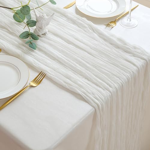 Sioloc Ivory White Cream Cheesecloth Table Runner 120'' x 35'', Spring