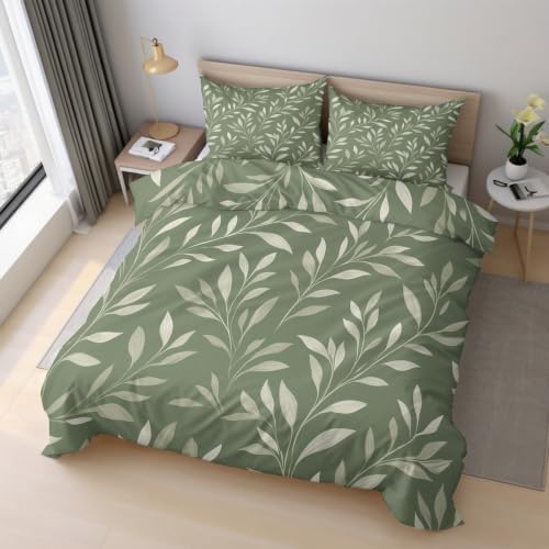 Sage Green Leaf Duvet Cover Queen, Botanical Plant Bedding Set 3 Piece