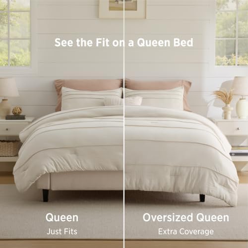 Bedsure Queen Comforter Set 4 Piece, Beige Boho, Pinch Pleat