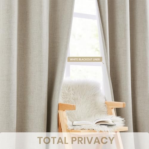 Melodieux 100% Blackout Beige Linen Curtains 108 Inches Long for