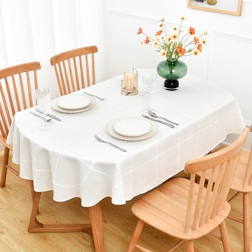 NEWISHER Farmhouse Embroidered Plaid Oval Tablecloth 60 x 102 Inch